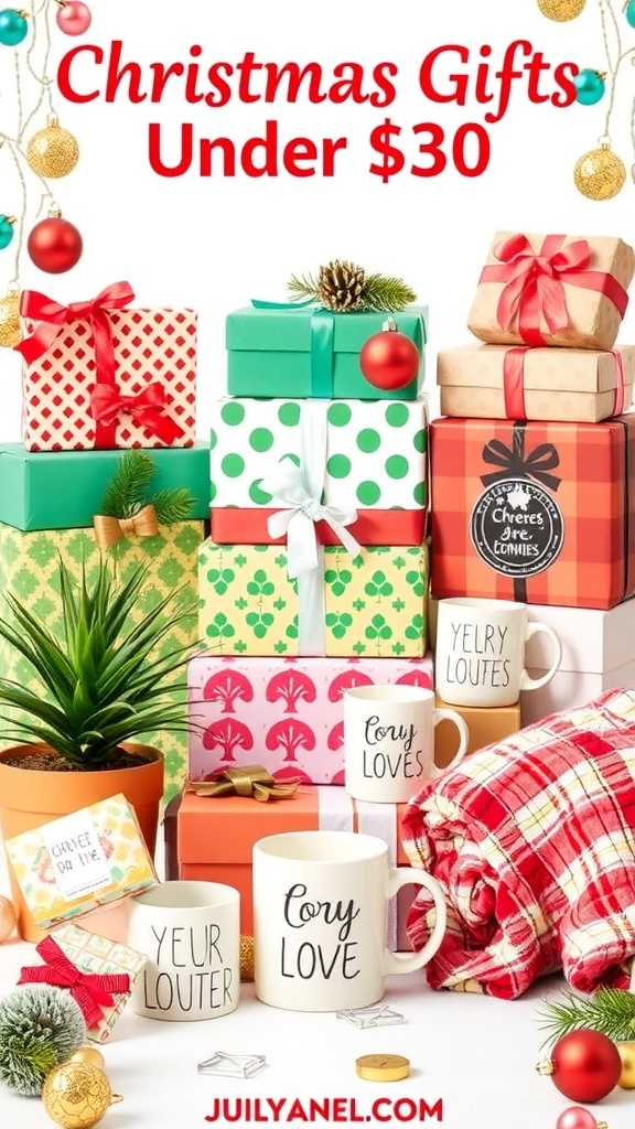 Creative Christmas Gift Ideas Under $30 A collection of budget-friendly Christmas gifts including mugs, blankets, and plants, set against a festive backdrop.